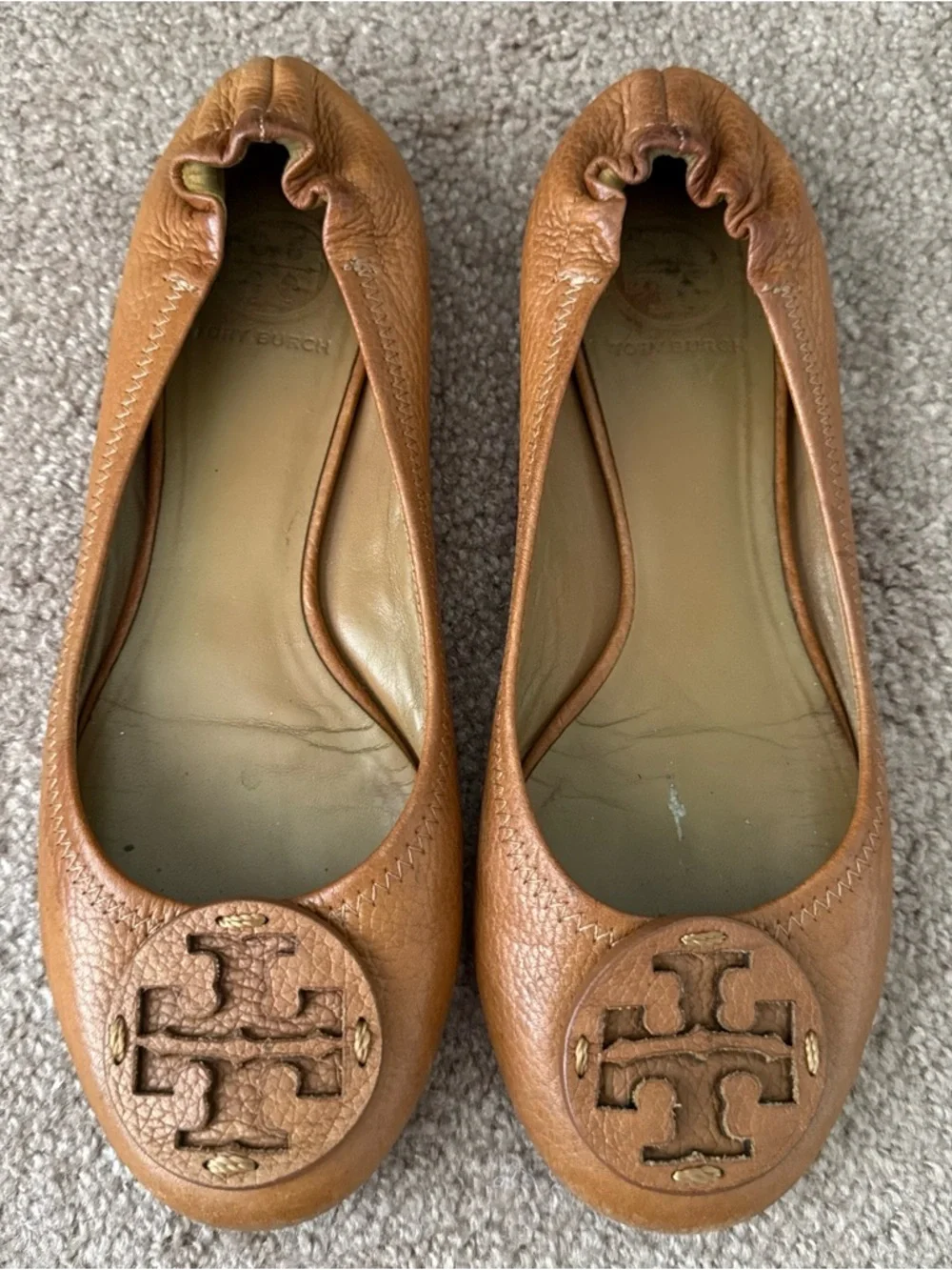 Tory Burch Reva Pebbled Leather Ballet Flats Royal Tan Camel Women Shoe